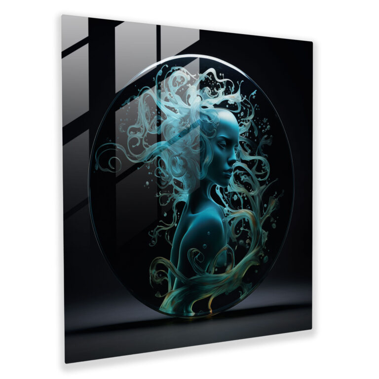 Medusa Glasbild - Abstrakte Silhouette mit filigranen Wirbeln und Mustern - Medusa Dekoration für Zuhause Glasbild Wanddekoration