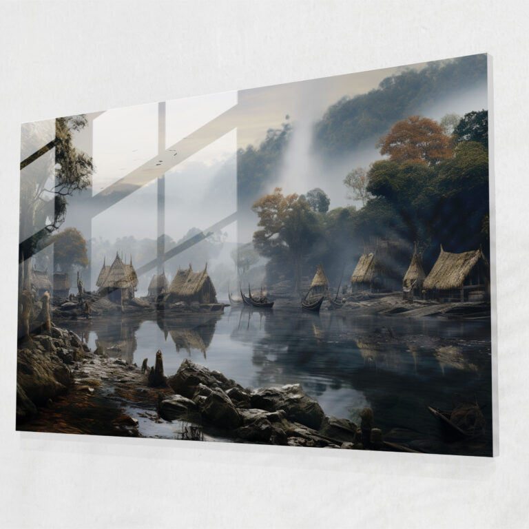 Glasbild Mesolithisches Flussufer - Ruhige Flussszene aus der Mesolithik Glas Wandkunst Einfachheit