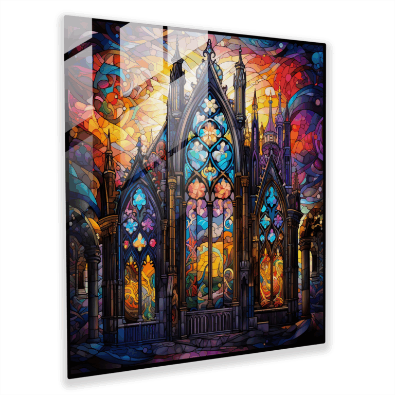 Glasbild mit detailreicher gotischer Bleiverglasung - Hausdekoration und Wanddekoration - Glas Wandkunst - Modernes Kunstwerk
