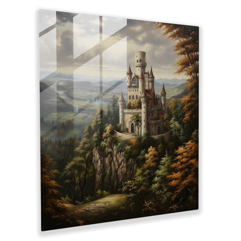 Exquisites Renaissance Ölgemälde Glasbild - Majestätisches Schloss mit Blick auf die Landschaft.