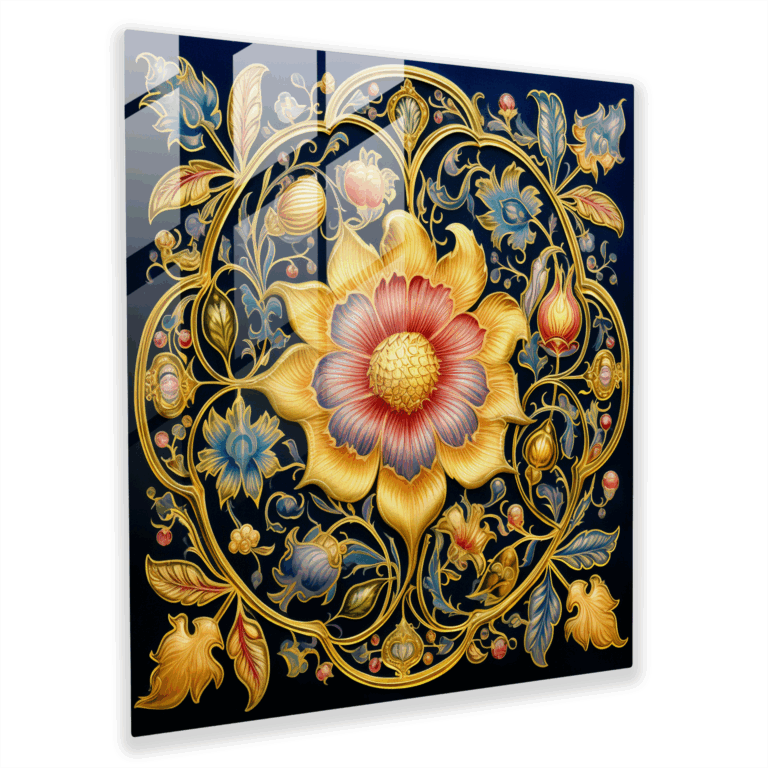 Schönes Glasbild mit illuminiertem Manuskript - Verziertes Blumendesign mit Goldakzenten.