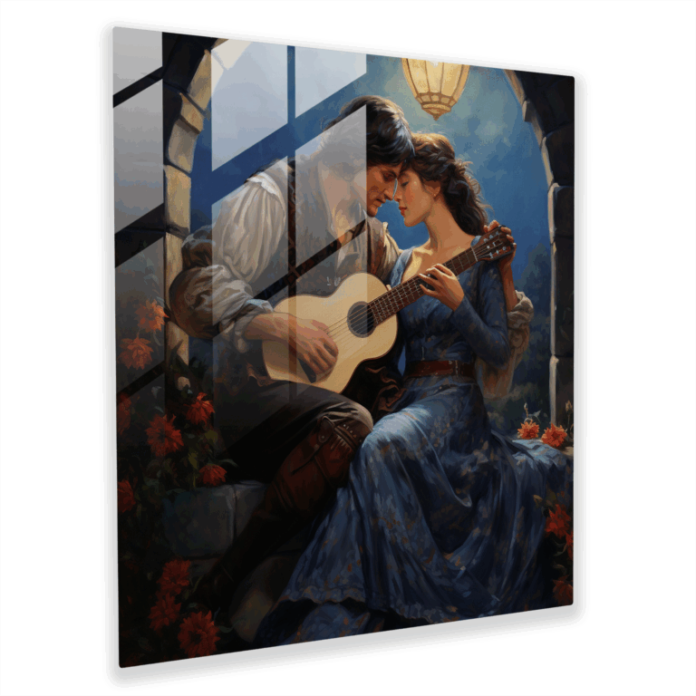 Gemälde des romantischen Troubadours auf Glas - Paar umarmt sich unter dem mondbeleuchteten Himmel