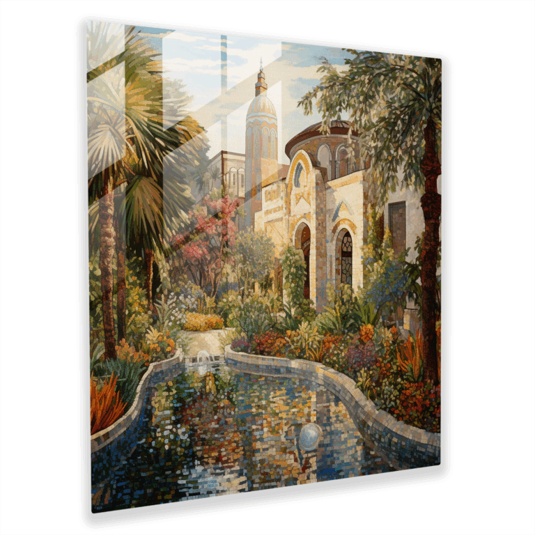 Gartenidylle: Byzantinisches Mosaikglas-Bild - Ruhevoller Garten Wandkunst