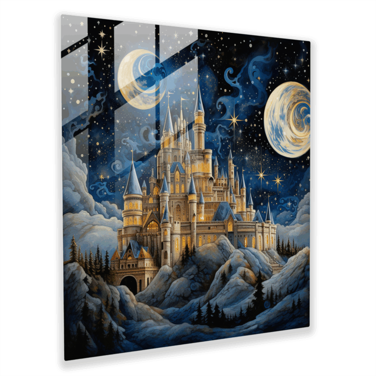 Glasbild Mittelalterliche Burg unter sternenklarer Nacht - Dekoration für Zuhause Glaswandkunst Wanddeko Glas-Kunst
