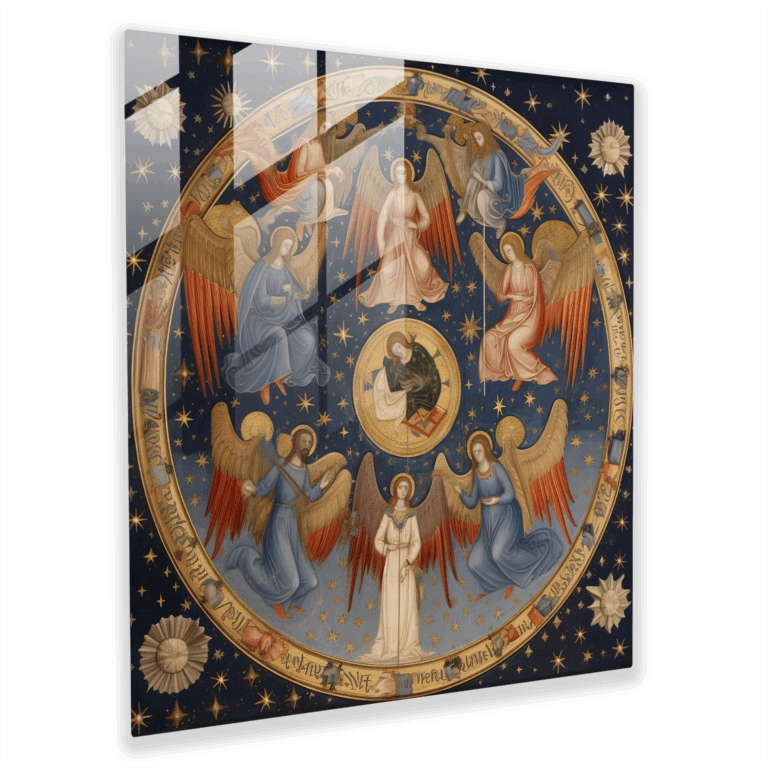 Bezauberndes mittelalterliches Manuskript-Illuminationsglasbild - Glaswandkunst mit himmlischen Engeln
