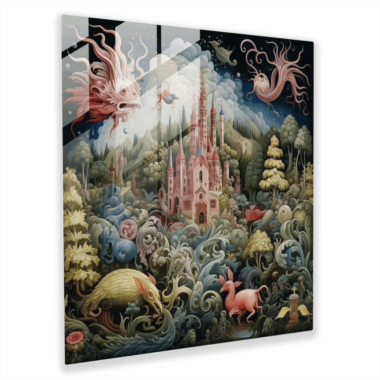 Bezauberndes gotisches Manuskript Glasbild - Glaswandkunst mit mystischen Kreaturen