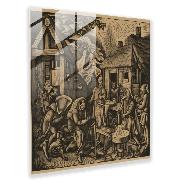 Faszinierendes mittelalterliches Holzschnitt-Glasbild - Glaswanddekoration mit Alltagsszenen und Volkssagen