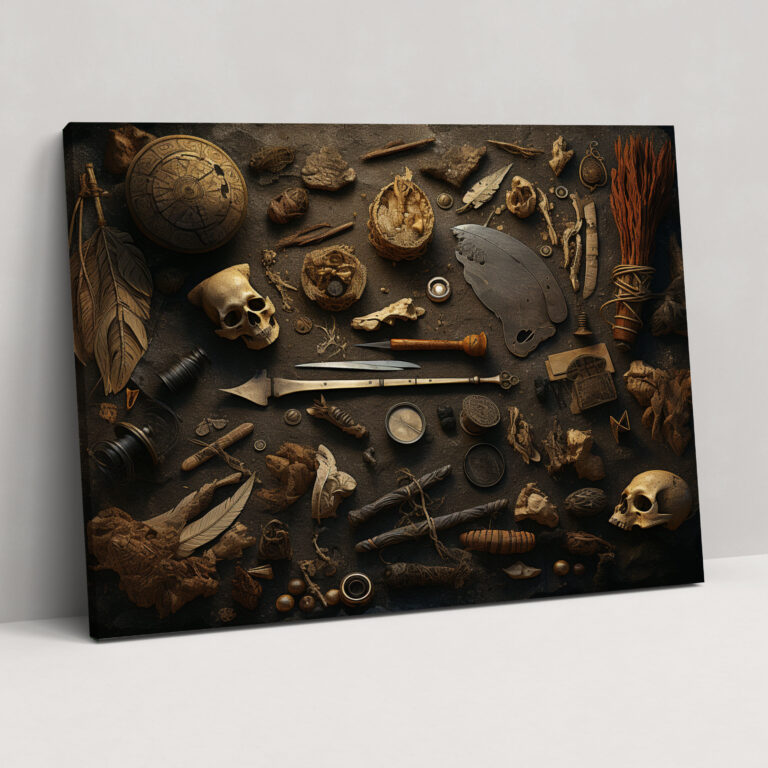 Mesolithische Wanddekoration - Kunstwerk mit alten Werkzeugen und Artefakten - Handwerk Kunsthandwerk Artefakte