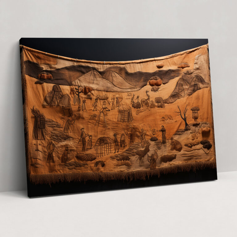 Wandkunst aus tierischer Haut des Paläolithikums - Handgenähtes Tierhaut-Tapestry des Mesolithikums auf Leinwand kulturelle Bedeutung