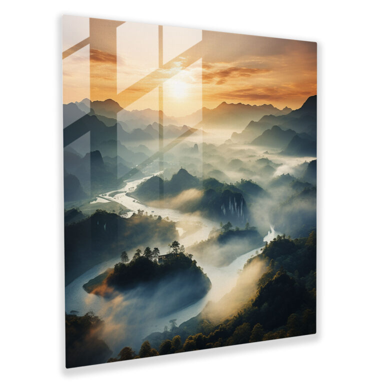 Misty Mountains Glasbild - Mittelerde Sonnenaufgang beeindruckend nebelige Berge
