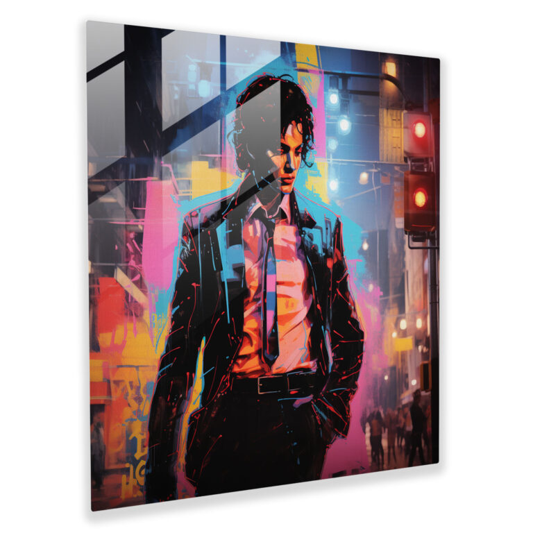 Glasbild von Michael Jackson - Neon Silhouette - Kunstwerk in Neonfarben lebendige Neonlichter