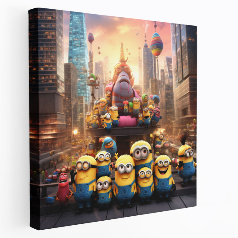 Minions Leinwand-Wanddekoration - Minions in lebhafter Stadtszene - Premium Leinwandbild - Minions lebendige Stadtszene Wanddekoration Spannung