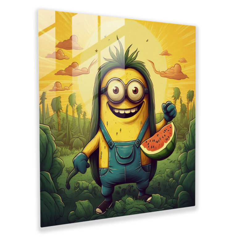 Frohes Glasbild - Bob der Minion spielt mit einer Banane - Minions lebendige Farbpalette Wanddekoration