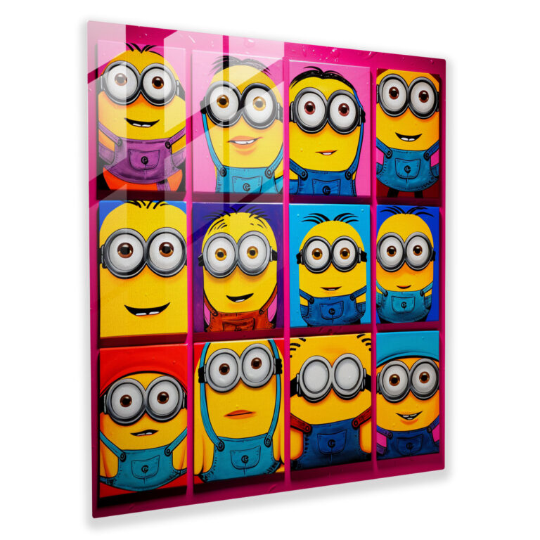 Pop-Art-Glasbild - Minions-Gesichter-Raster - Minions Glaswandkunst kräftige Farben moderne Kunst