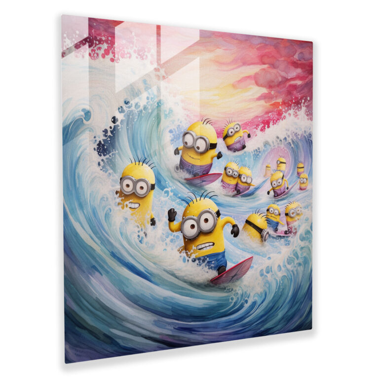 Minion Aquarell Glasbild - Minions Farbwellen Surfen Glasbild