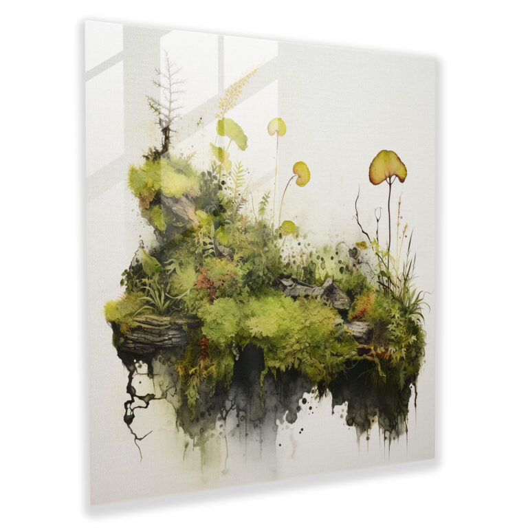 Glasbild mit abstrakter Mooskomposition - Moos Wanddekoration von der Natur inspiriert für Zuhause