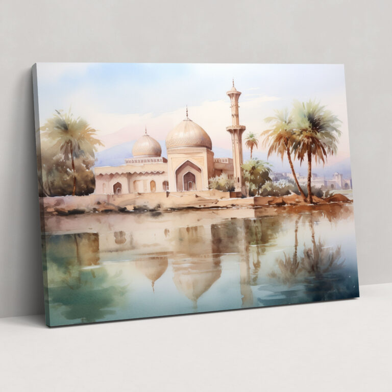 Moschee Wanddekoration - Ruhevoller Aquarell-Leinwanddruck - Moschee Gelassenheit Aquarellmalerei Leinwandkunst
