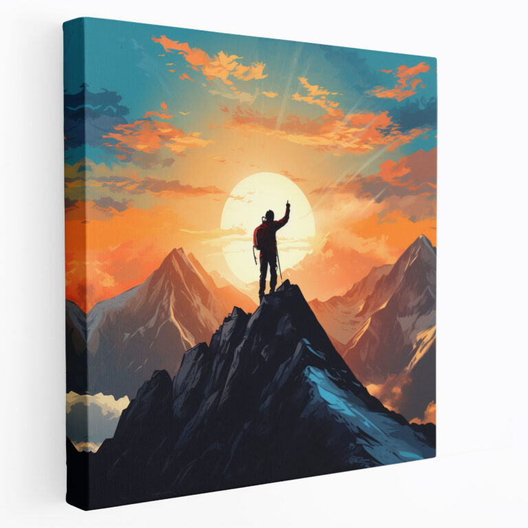 Motivierendes Berggipfel Leinwandbild - Sonnenuntergang Berggipfel Silhouette
