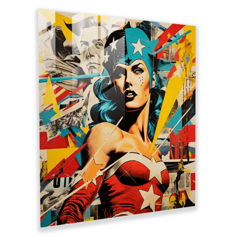 Lebendiges Pop-Art-Glasbild-Collage voller actiongeladener Superhelden - Dynamisches Glaswandkunstwerk zur Wohnungsdekoration