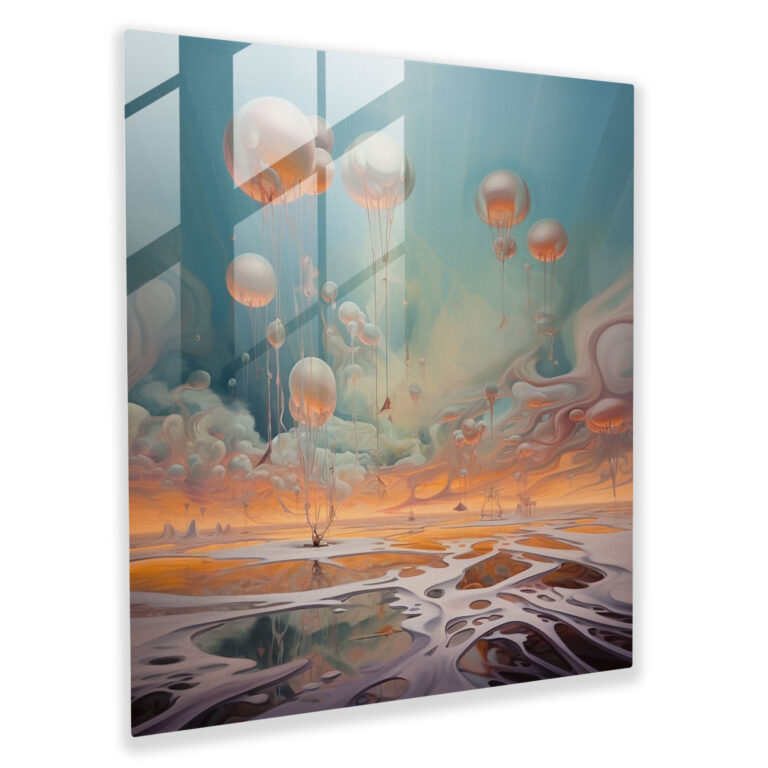Verzauberndes Glasbild - Ätherisches Traumland mit schwebenden Objekten - Surreales Glaswandkunstwerk