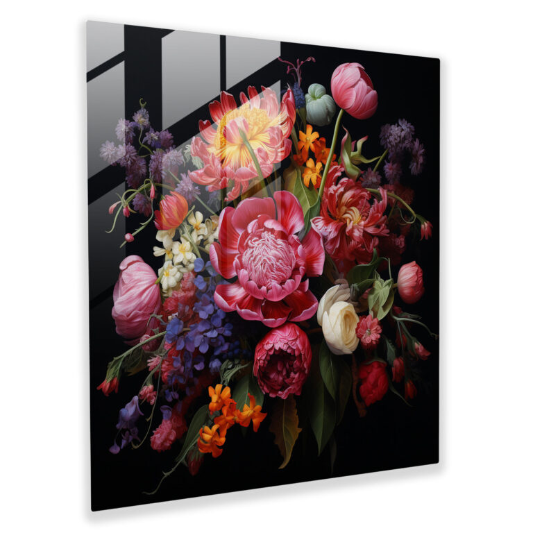 Hochwertiges Glasbild eines bunten Blumenstraußes - Realistische Glas-Wandkunst zur Wohnraumdekoration