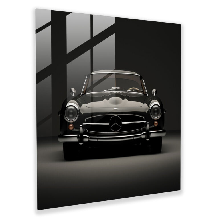 Mercedes Glasbild - minimalistisches Schwarz-Weiß-Kunstwerk - Mercedes Glas-Kunst Glaswandkunst klares Design