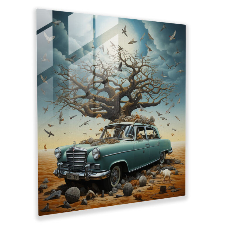 Mercedes Glasbild - Surreales Mixed-Media-Kunstwerk - Wanddekoration metaphorisch Freiheit