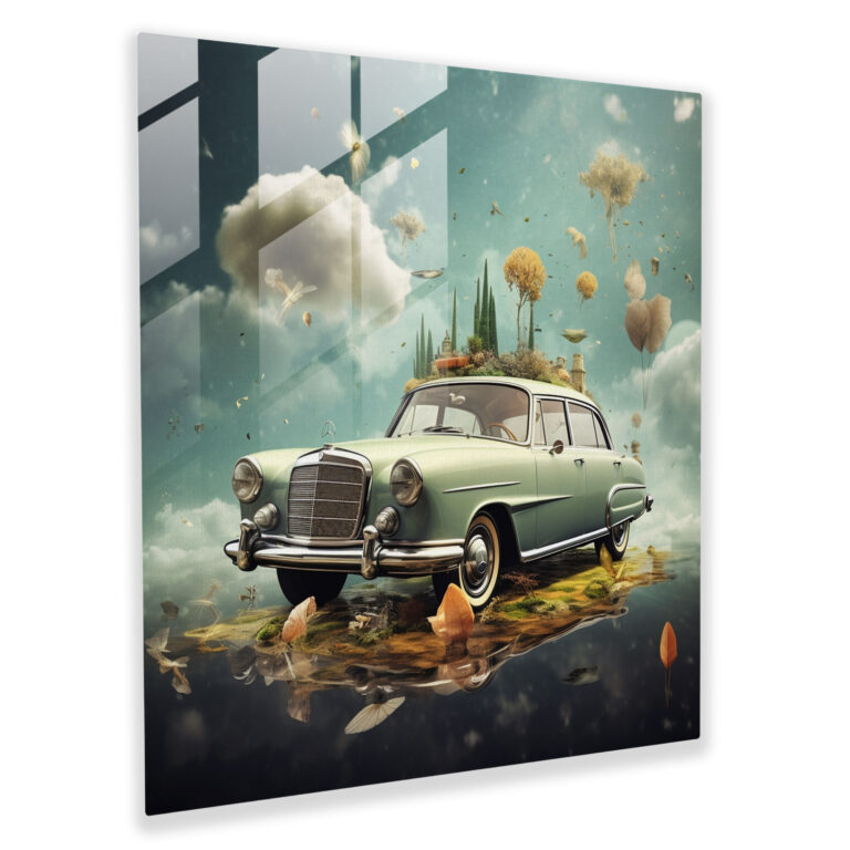 Mercedes Glasbild - Surreales Mixed-Media-Kunstwerk - Wanddekoration Wohnkultur