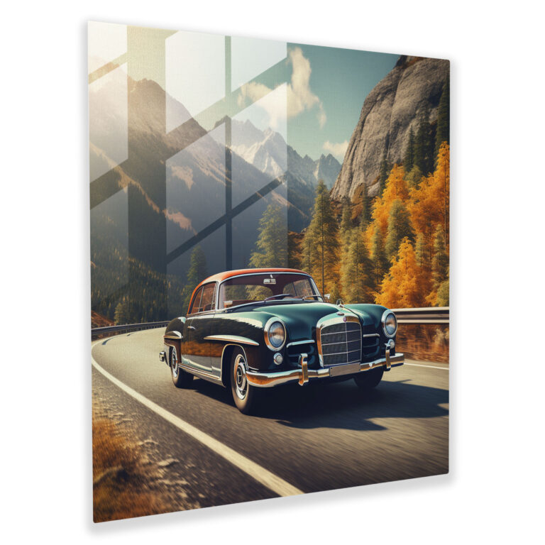 Mercedes Glasbild - Malerisches Bergstraßen-Wandkunstwerk - Mercedes Atemberaubende Schönheit Glas-Kunst Landschaft