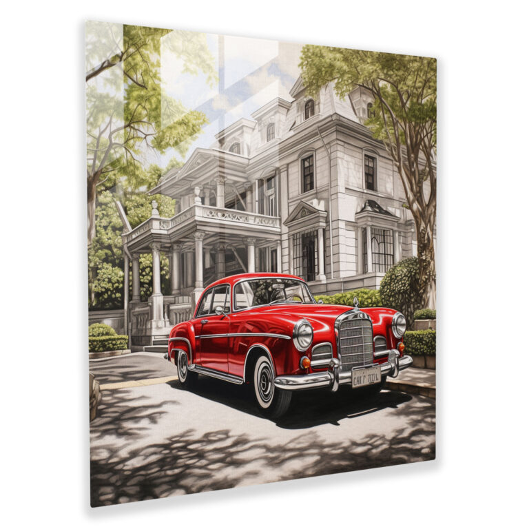 Mercedes Mansion Glasbild - Wanddekoration in klassischem Rot - Glas Kunst