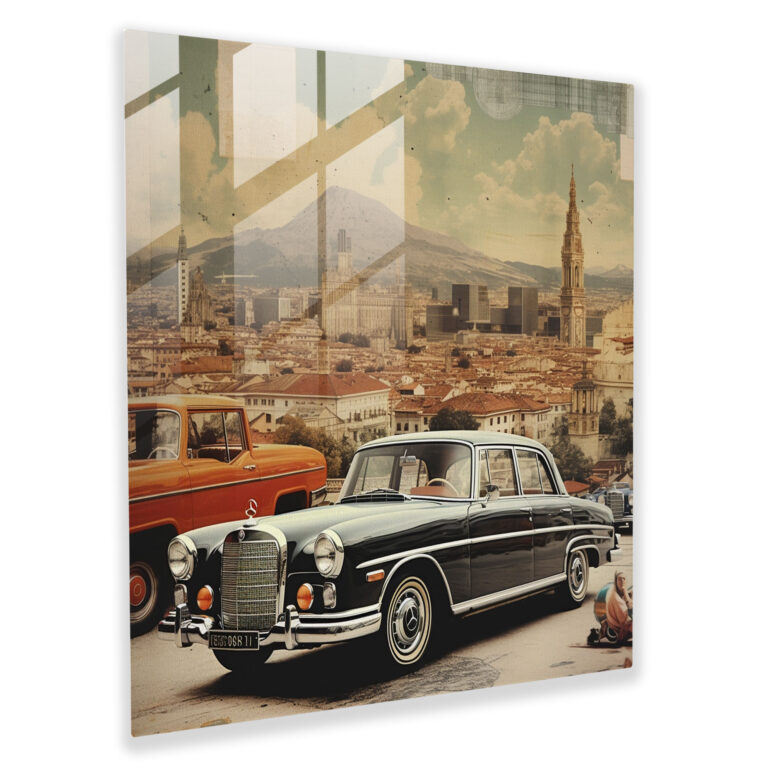 Vintage Werbekollage - Glas Wandkunst - Mercedes Wanddekoration Glasbild