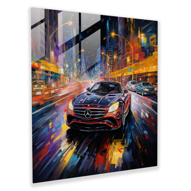 Mercedes Glasbild: Moderne abstrakte Stadtszene - Mercedes Wohnaccessoire Wanddekoration Glasbild