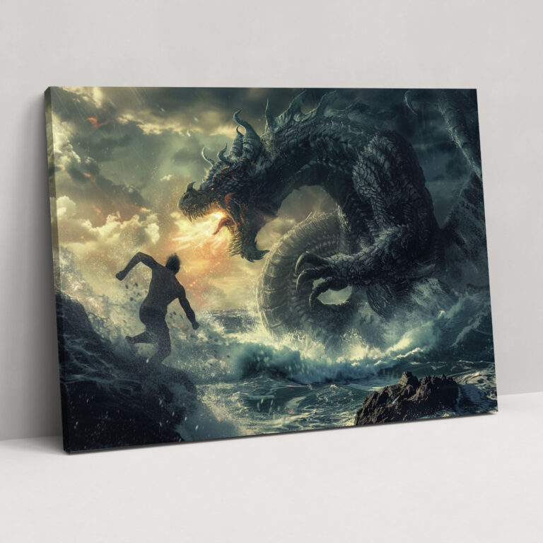 Mythologie Leinwandbild - Götter gegen Monster Schlacht - Wanddekoration Mythologie Leinwand Wandkunst