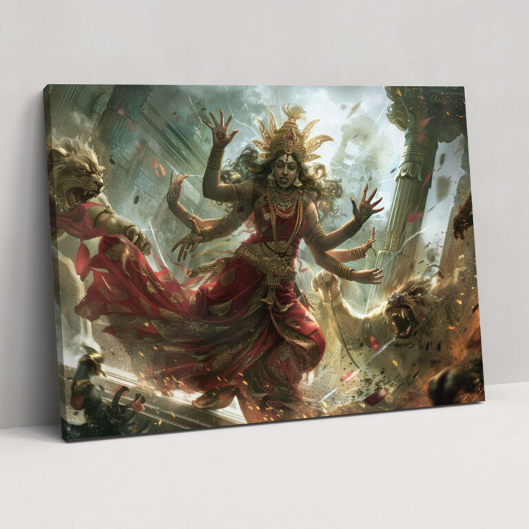Göttin Durga besiegt Dämonen - Mythologie Leinwandbild für Zuhause