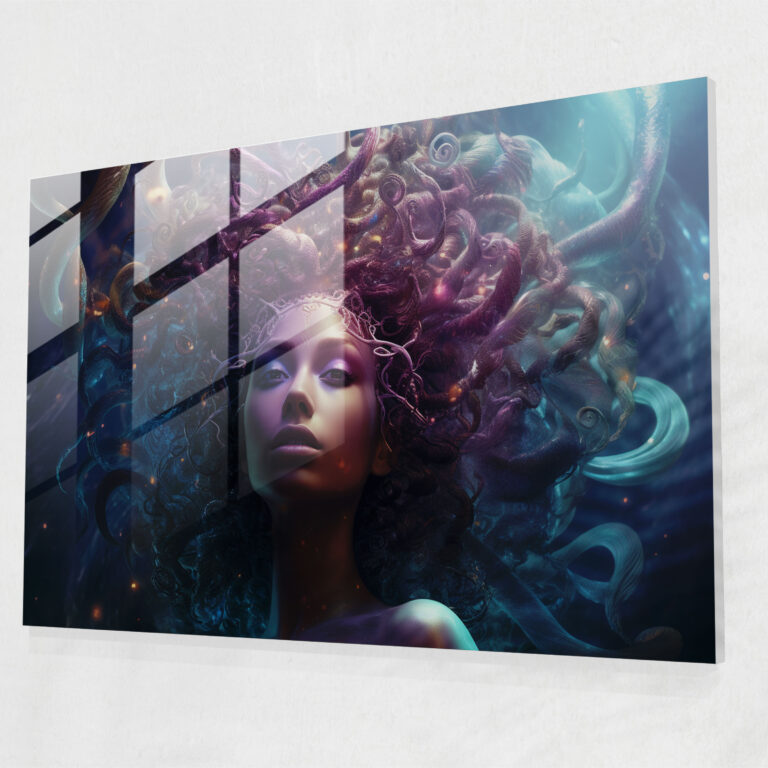 Glasbild Mythologie - Medusa in den Galaxien - Digitale Kunst Heimdekoration