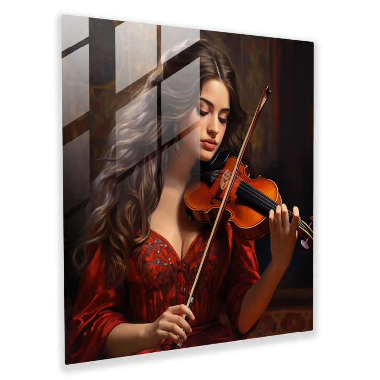 Glasbild Melodische Harmonie: Realistisches Ölporträt Glaswandkunst zur Wohnungsdekoration