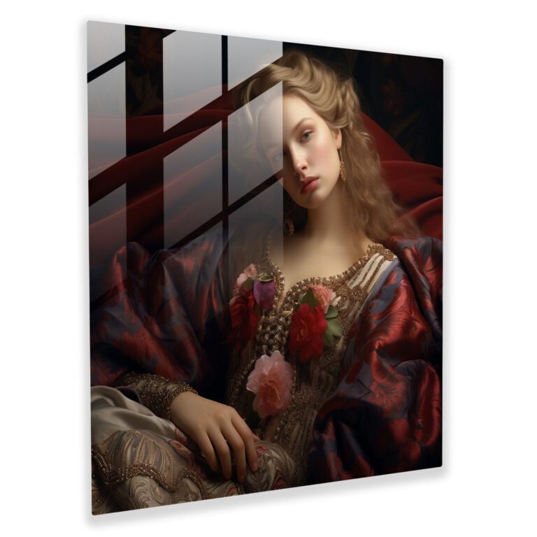 Exquisites Renaissance Glasbild - Prächtiges Porträt einer Adligen - Elegante Wohnkultur