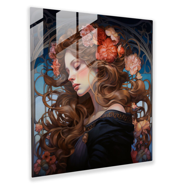 Elegantes Jugendstil-Glasbild - Anmutige Frau mit Blumenmustern - Anspruchsvolle Wanddekoration