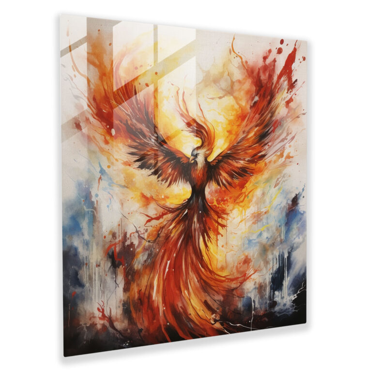 Robustes Phoenix Glasbild - Symbolische Transformation und Widerstandsfähigkeit - Blickfangende Wanddekoration