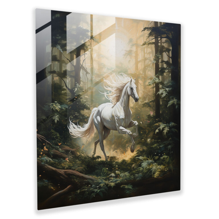Etherealer Zentauren Glasdruck - Anmutiger Galopp durch sonnenbeschienene Waldlandschaft - Künstlerische Wanddekoration