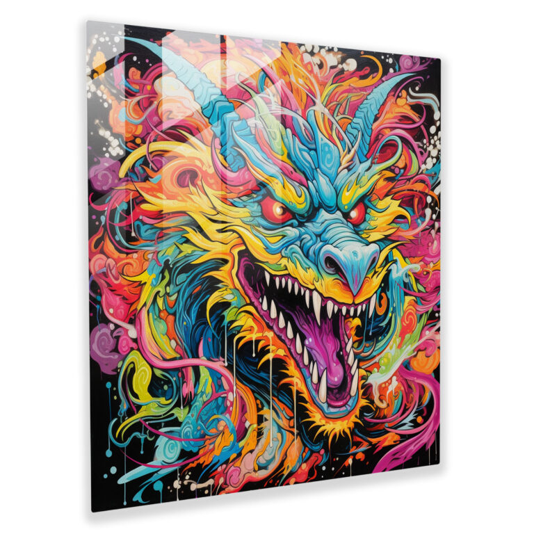Lebhaftes Pop-Art-Glasbild - Explosion lebendiger Farben mit mythischen Kreaturen - Glaswandkunst