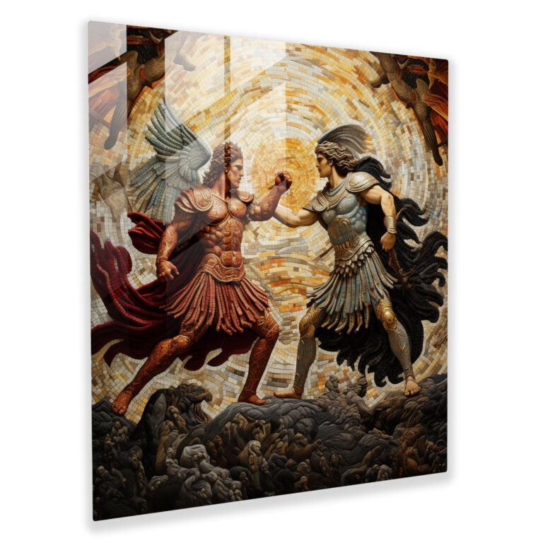 Faszinierendes Glasbild eines epischen mythologischen Kampfesmosaiks - Moderne Kunst für die Wanddekoration