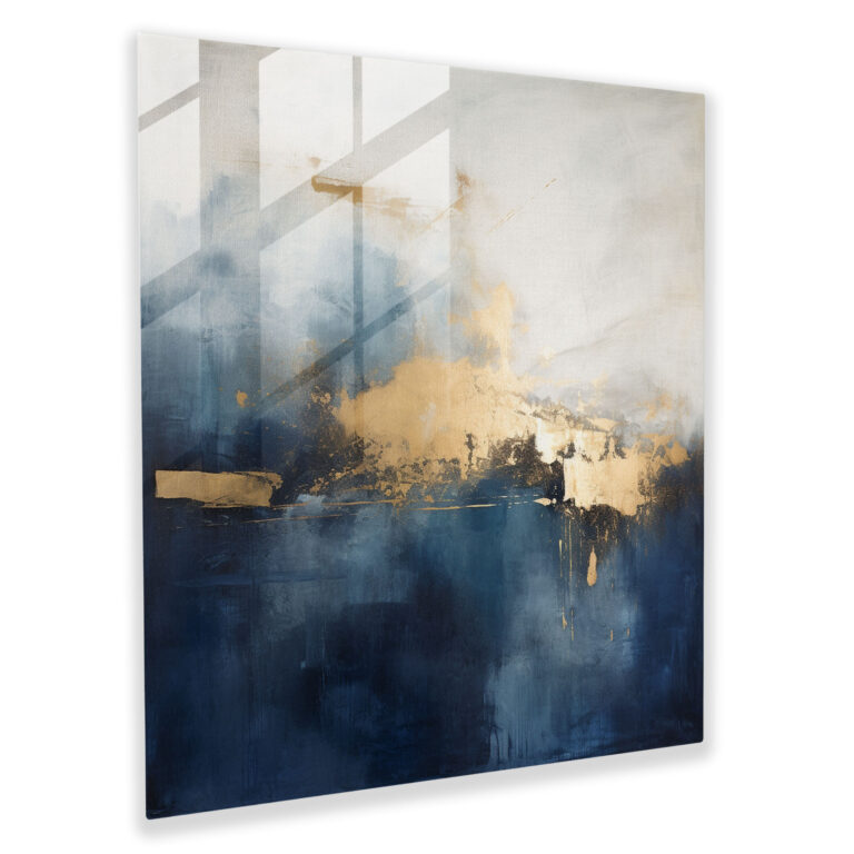 Navyblaues Glasbild - Marineblau Blautöne Glas Kunst Gold Akzente