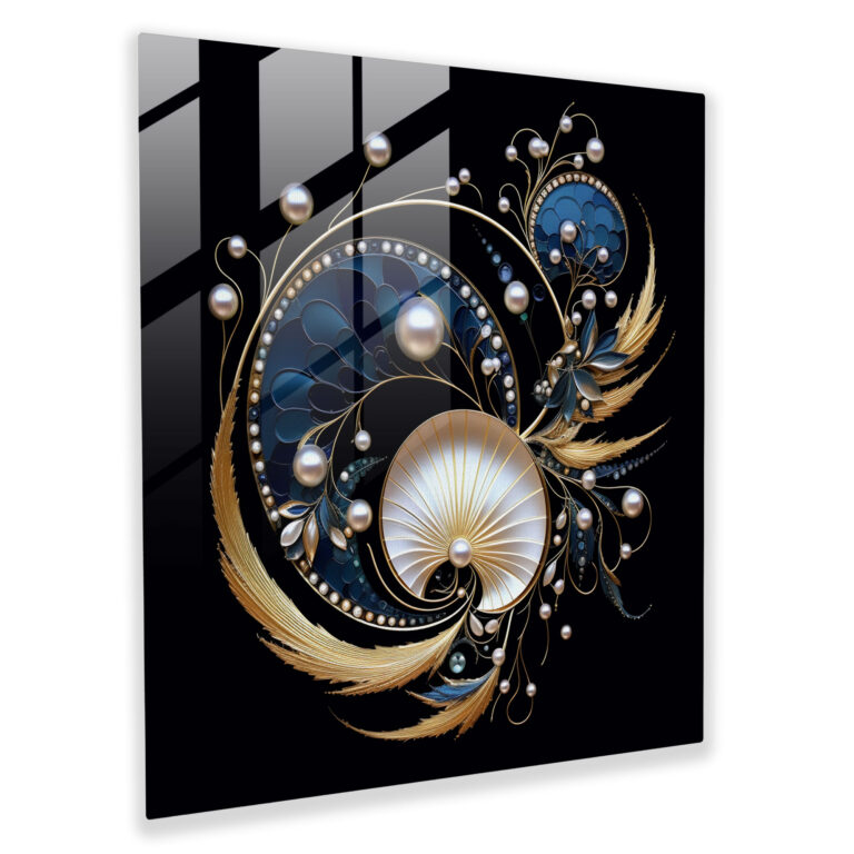 Navy Glasbild - Abstrakte Muschel mit goldenen Ranken - Marineblau Abstraktes Muscheldruck Marineblau Kunst Nautische Dekoration