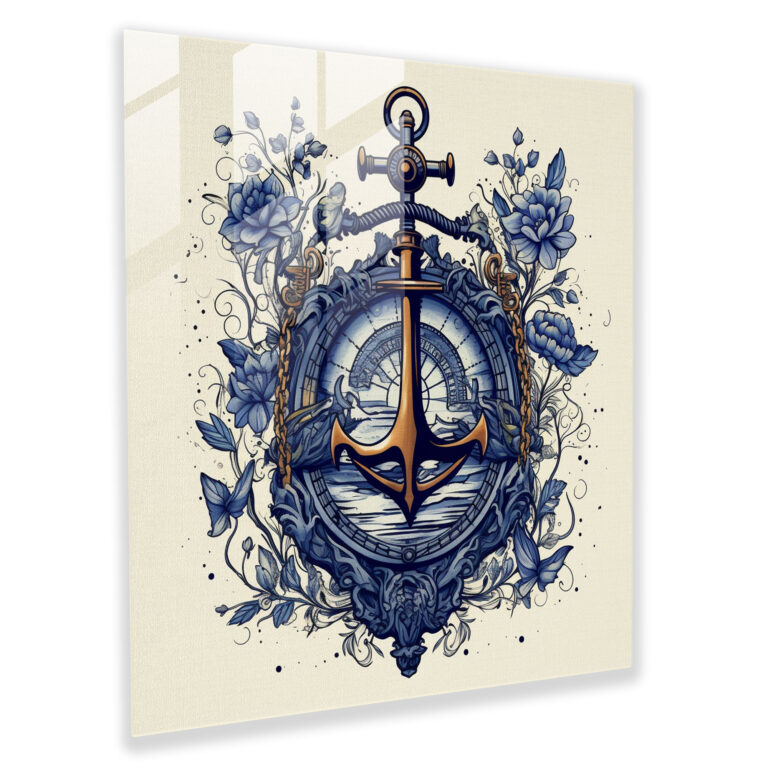 Nautisches Glasbild Anker - Vintage Design - Marineblau Wanddekoration