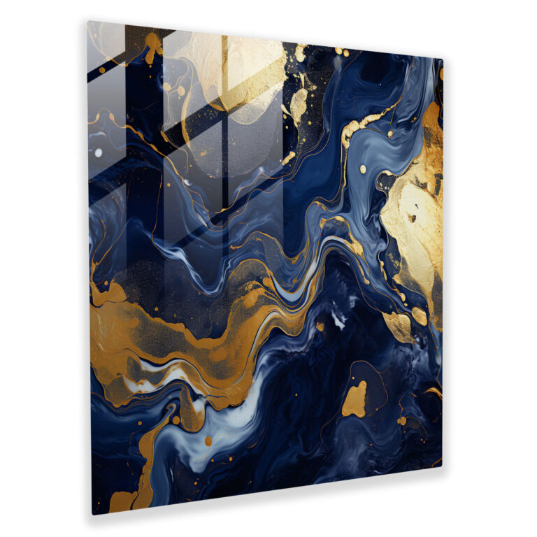Blau gefärbtes Glas - Elegante marmorierte Wirbel - Marine Eleganz Moderne Kunst Glasbild