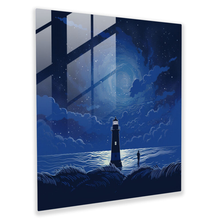 Navy Blue Glasbild - Silhouette Leuchtturm - Modernes Kunstwerk in Marineblau