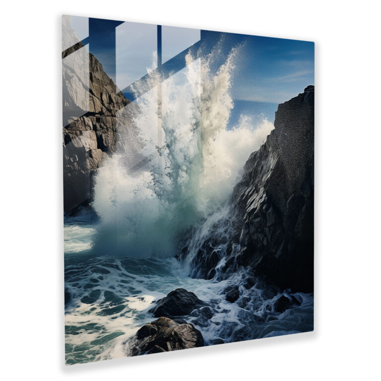 Navy Blue Glasbild - Küstenklippenwellen - Marineblau Zuhause Dekoration Kraft der Natur