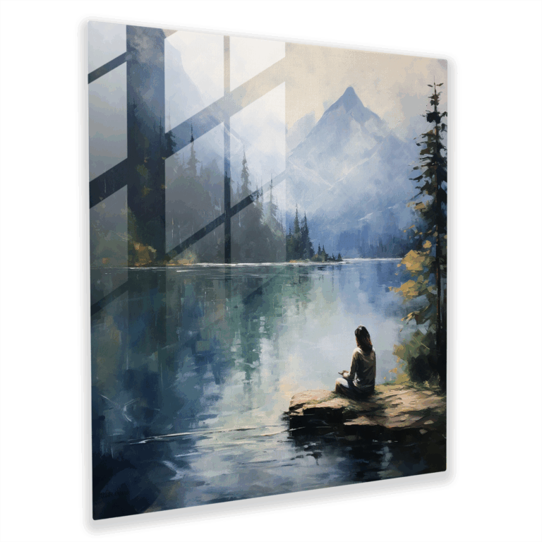 Glasbild Serenity Mirage - Impressionistisches See- und Bergglaswandkunstwerk