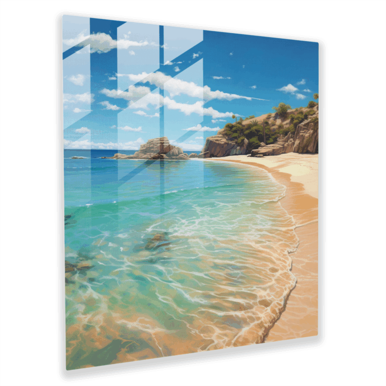 Azure Haven Glasbild - Realistisches abgeschiedenes Strand Glas Wandkunst